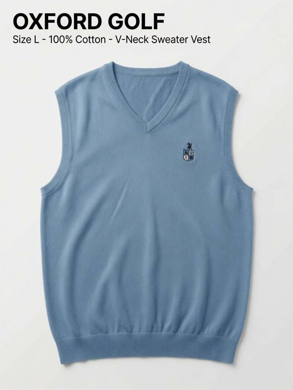 Oxford Golf Men's Light Blue 100% Cotton V-Neck Crest Sweater Vest (custom embro